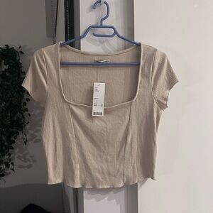 Urban Outfitters Cream Coloured Ribbed Square Neck Top